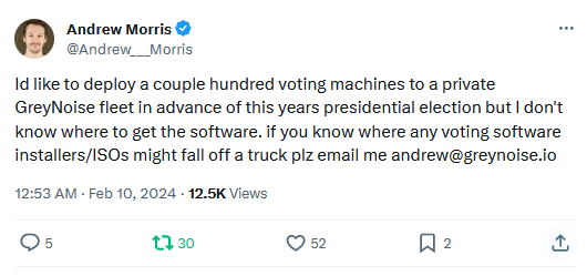 Tweet from GreyNoise CEO and founder Andrew Morris