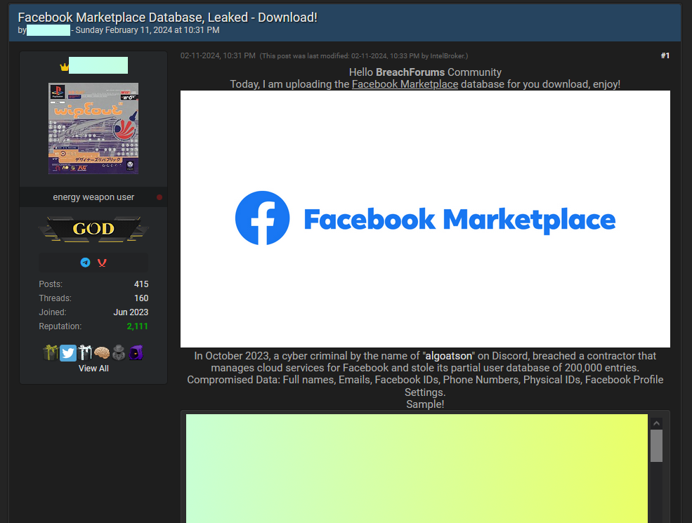 Hacking forum thread advertising the Facebook Marketplace data