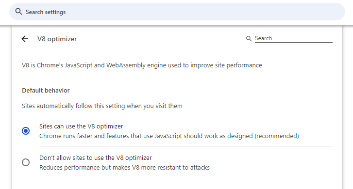 New Chrome security section named Manage V8 security