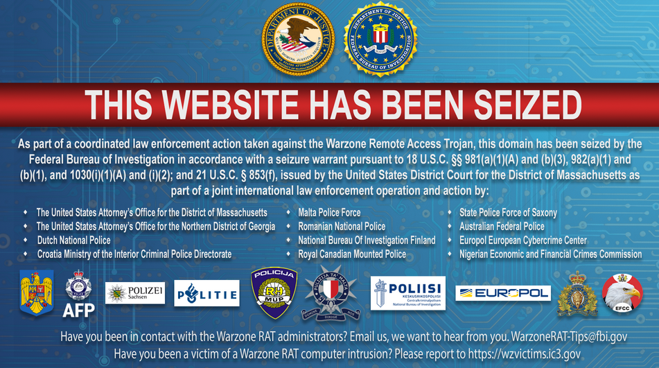 Seizure banner on the official Warzone RAT website