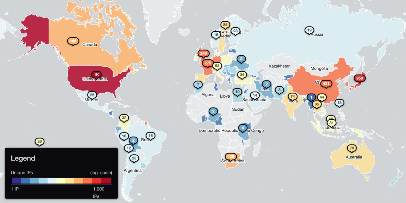 A world map showing the location of vulnerable Ivanti Connect Secure VPNs
