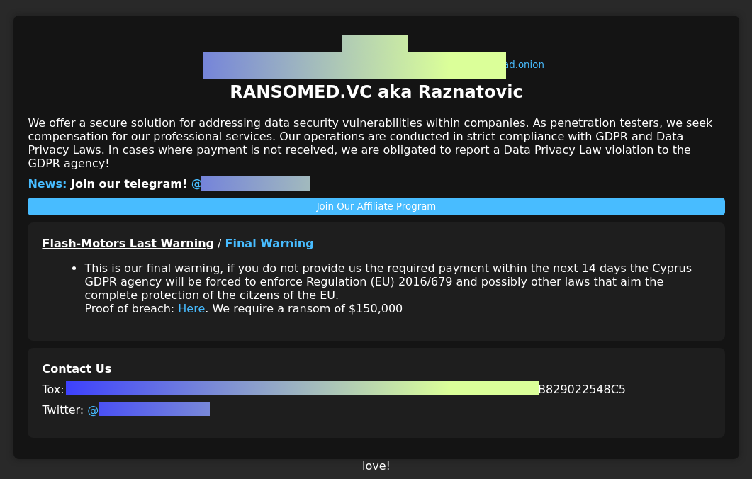 Rebranding message listed on the RansomedVC website