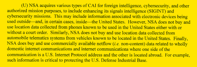 Section of the NSA letter confirming data acquisition practices