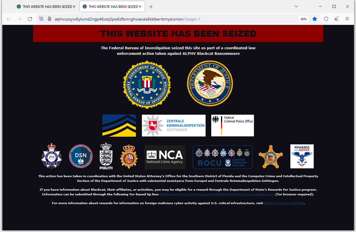 Fake FBI seizure banner on AlphV's latest dark web leak site
