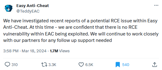 Tweet from the EAC anti-cheat engine