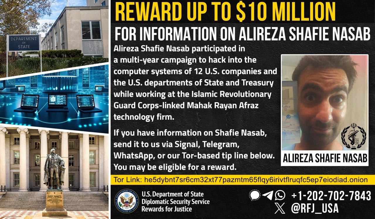 Reward poster for Alireza Shafie Nasab