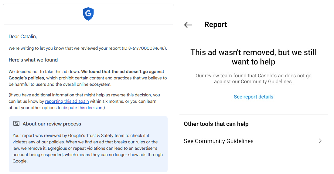 Support replies from Google and Meta declining to remove the most obvious scam ads of all time