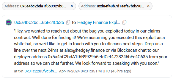Blockchain message left by Hedgey Finance