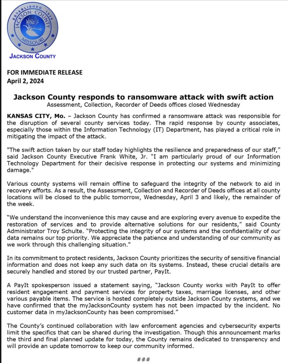 Statement on the cyberattack from Jackson County officials
