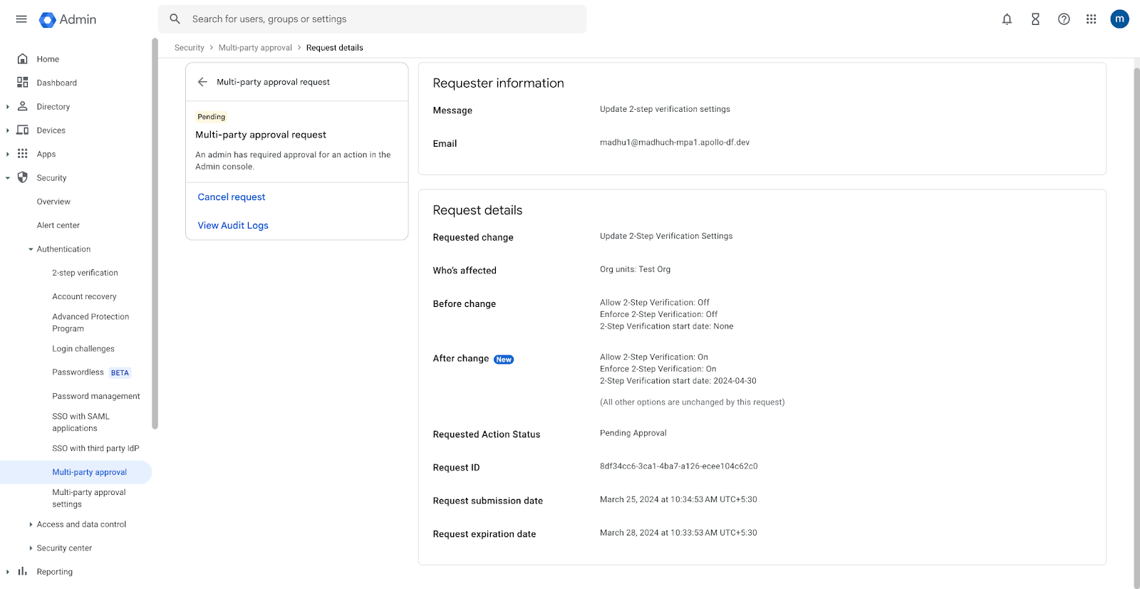 Google Workspace dashboard image showing a multi-party approval request being made