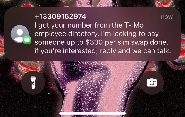 Sample of a SMS message received by T-Mobile employees
