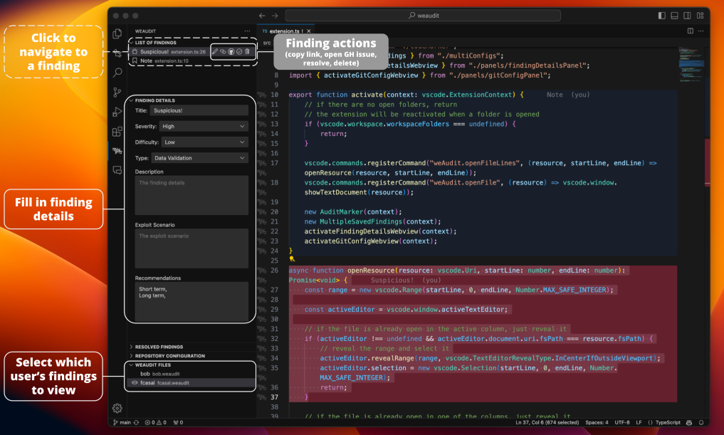 Screenshot of the WeAudit VSCode extension
