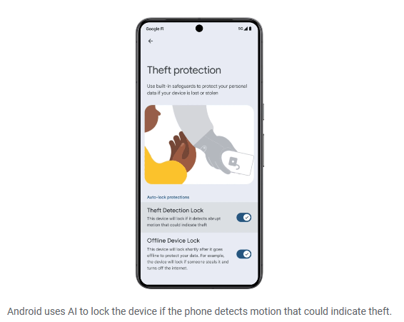 Screenshot showing the new Android theft protection features