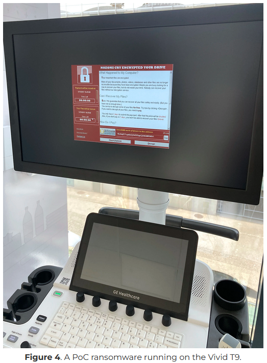 An image showing ransomware running on a Vivid T9 ultrasound device