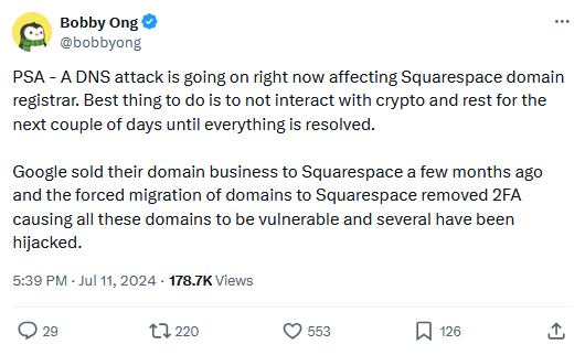 Risky Biz News: Squarespace DNS hijack spree hits crypto sites, everyone else watch out!