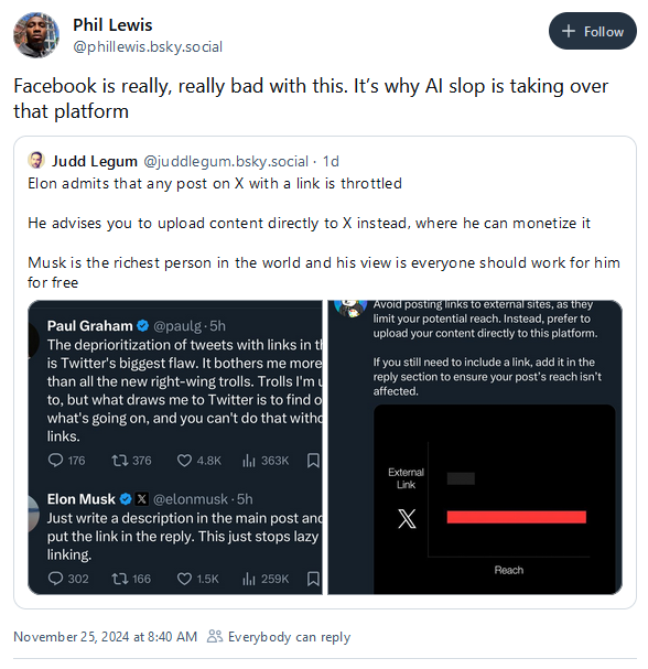 A BlueSky post from Phil Lewis criticizing Facebook over too much AI-generated posts