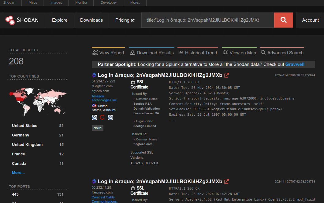 Shodan search results of vulnerable ProjectSend servers